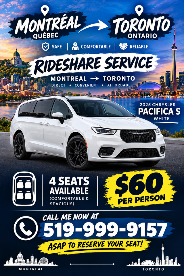 MONTREAL to TORONTO RIDESHARE EVERYDAY!!!