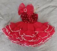 Red velvet dress embroidery lace bow adjustable 6 - 9 y o girl 