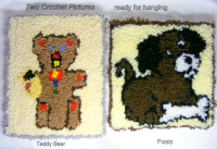 Two rug hook Pictures, teddy bear and puppy, mounted, hang ready