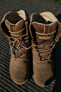 Women's MEC hiking boots and Dakota steel toe work boots, size 9