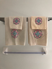 2 Sets of 2-Piece Hand and Face Towels-Ivory Colour with Design