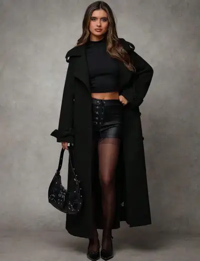 Belted Double Breasted Faux Wool Coat, View more