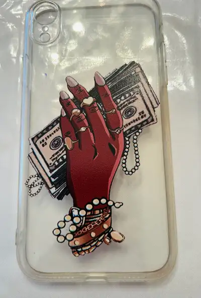 Cell phone case iPhone XR cover. Beautiful glamorous hand holding money. Negotiable price