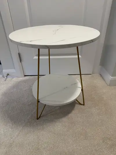 Round 2-Tier Side Table Marble Look Gold Legs, View more