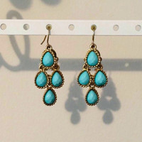 Women's Jewelry - Gold Turquoise Dangling Tear Drop Earrings