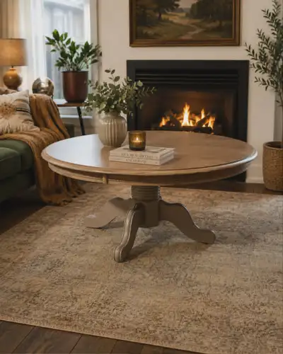 Refinished Round Coffee Table with Glass Top Protection, View more