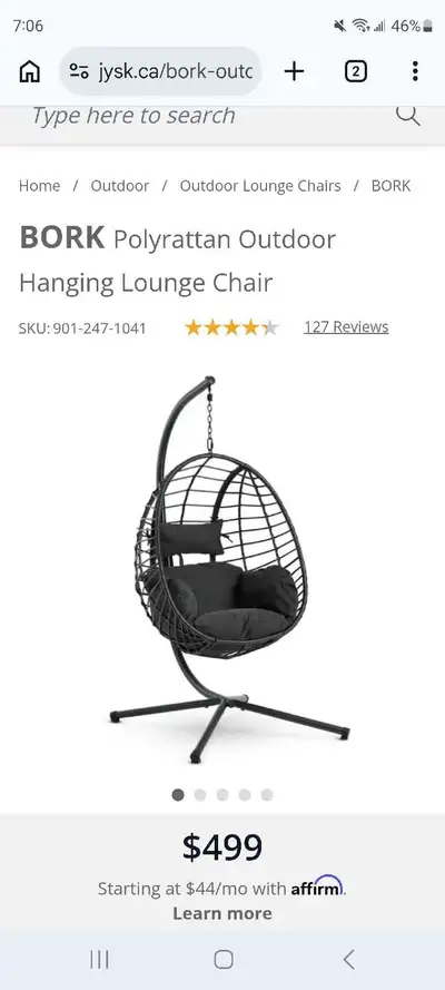 Bork Hanging Chair (Black). Bought 2 at JYSK before closing but decided only need one. Still in box...