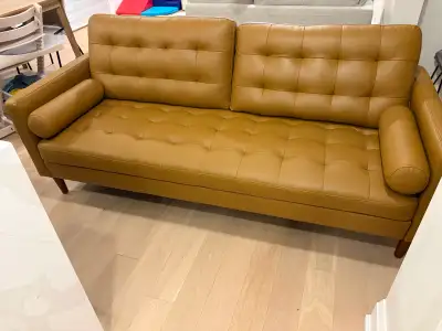 Mid-Century Modern Tan Faux Leather Sofa, View more