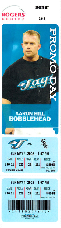 2008 Toronto Blue Jays Aaron Hill Bobblehead Day Full Ticket