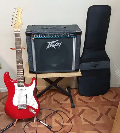 Guitar electr. HONDO ampli PEAVEY express case fil trepied propr, View more