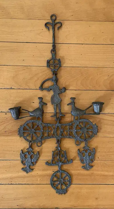 Decorative brass pendant in the shape of the Byzantine cross with Constantine the Great and two bird...