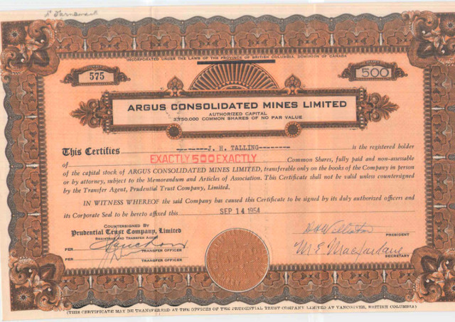 Scripophily - Argus Consolidated Mines Ltd - Share Certificates in Arts & Collectibles in Kamloops