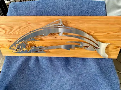 Rainbow Trout: Clear Powder Coated Steel w Unique Mount on Cedar, View more