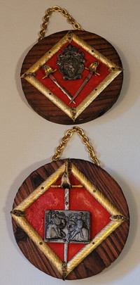 Vintage Toledo Spain Engraved Swords Round Wooden Wall Hangers