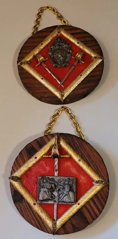 Vintage Toledo Spain Engraved Swords Round Wooden Wall Hangers, View more