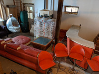 Vintage Retro Bar, Stools and large Sofa set Orange & White Leat