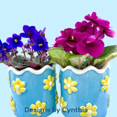 Ashland brand set of two adorable Spring themed ceramic pots w live African Violets 32.00 for the se...