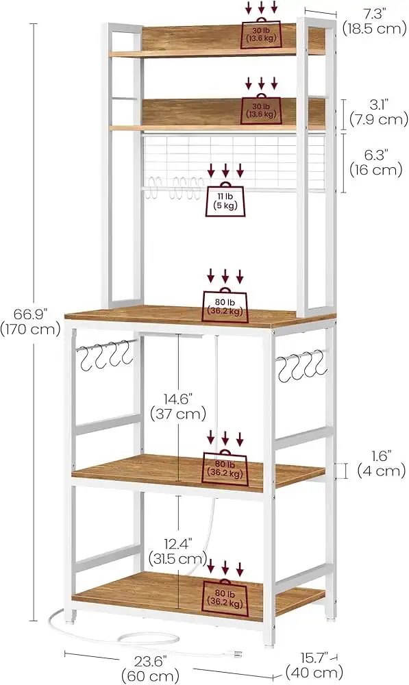 Hutch Bakers Rack with Power Outlet, 14 Hooks Microwave Stand, A in Hutches & Display Cabinets in Markham / York Region - Image 5
