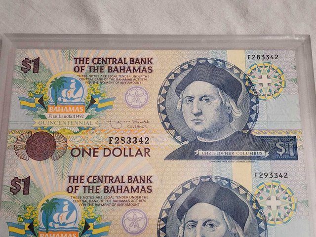 1992 Central Bank Of The Bahamas Quincentennial $1 Note Uncut in Arts & Collectibles in City of Toronto - Image 3