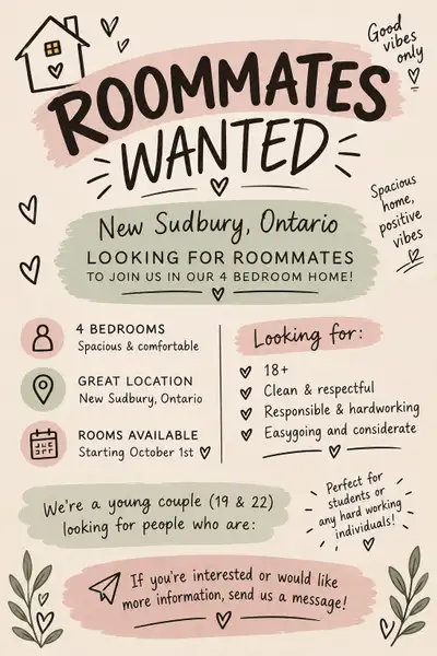 ROOMS AVAILABLE FOR RENT — NEW SUDBURY Hi everyone! My boyfriend and I are currently looking for res...