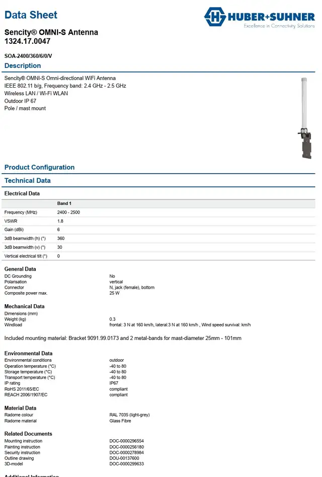 HUBER SUHNER SOA-2400/360/6/0/V, 1324.17.0047 OMNI WiFi ANTENNA64324636692099121