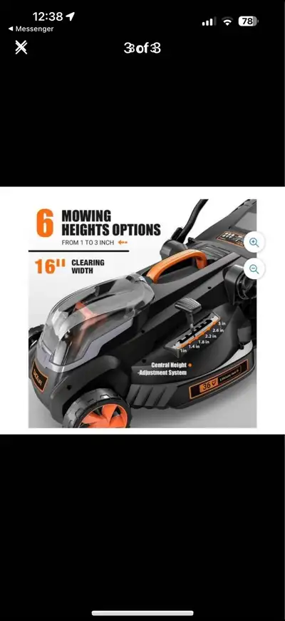 I'm selling a Tacklife 36V cordless lawn mower with a 16-inch clearing width, offering 6 mowing heig...