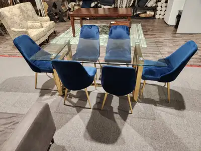 Large Glass 6-Seater Table with Blue Suede Chairs - $600 CASH, View more