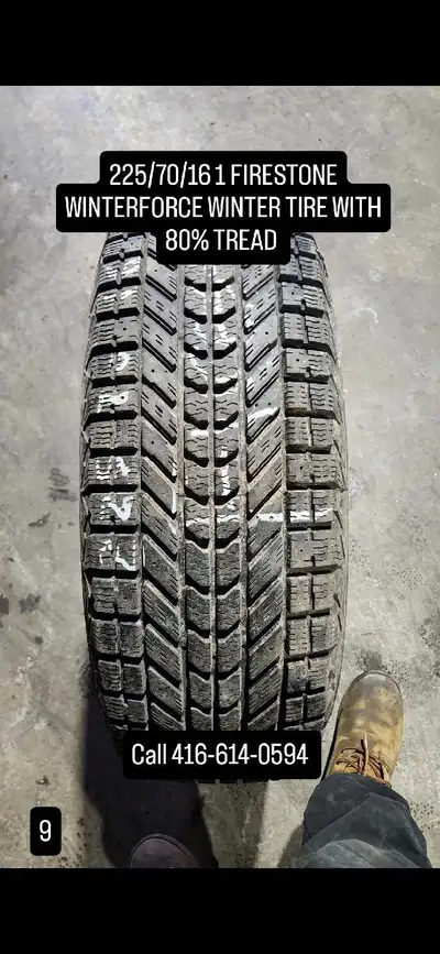 This is a used Firestone Winterforce winter tire, sized at 225/70/16, boasting 80% tread life for re...