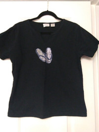Women's Black T-Shirt with Studded Flip Flop Design