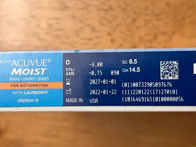 Product Name: 1-Day Acuvue Moist for Astigmatism with Lacreon D -8.00 Cyl/Axis -0.75 BC 8.5 Dia 14.5...