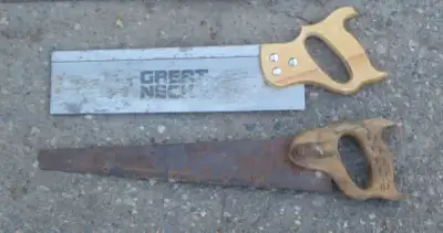 4 Vintage Carpentry Hand Saws, Crosscut, Mitre, Trim, and Hack, View more