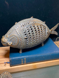 Antique Brass Fish-Shaped Cricket Cage With Fantastic Details .