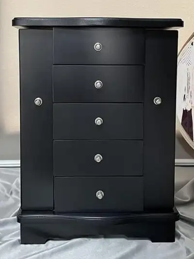 Black jewelry box organizer 5 drawers Mirror 2 side doors Contents not included 13 inch tall x 9 inc...
