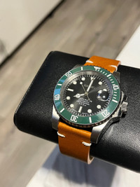 Seiko custom build Kermit mod automatic watch with brown leather