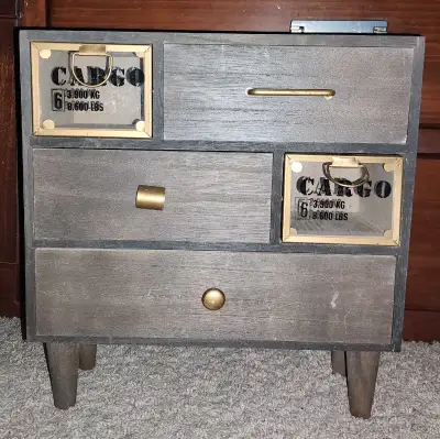 Small wooden organizer. Five drawers, two smaller and three larger. Gold coloured hardware. Mid-cent...
