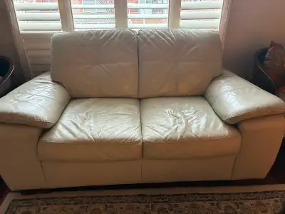 Genuine Leather Loveseat Sofa – Cream/Beige –Good Condition, View more
