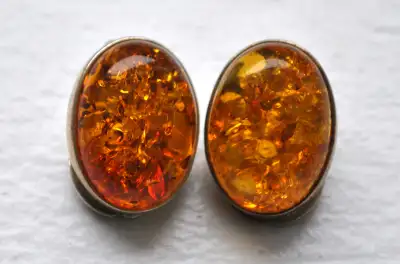 AMBER SILVER EARRINGS - Genuine golden oval amber cabochons - Tested 925 earrings and clip on backs...