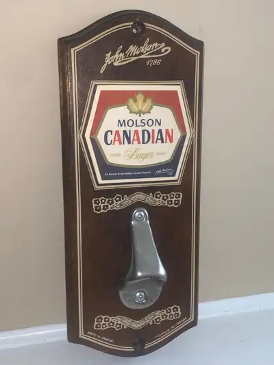 Vintage Molson Canadian beer carved wood wallmount Bottle Opener, View more