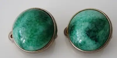 ca1950s SHERMAN earrings Rare Design Jade Jadeite CLIP ON vintage … beautiful vintage domed green st...