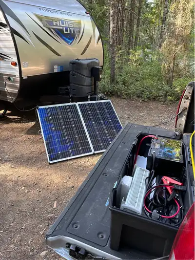 Off grid camping system to provide Solar generated 110 VAC power to recharge travel trailer batterie...