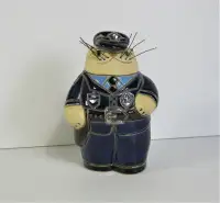 Hand Crafted Clay Police Cat Sculpture By Olga Made In Uruguay