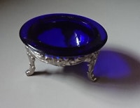 Vintage Cobalt Blue Glass Salt Cellar w/ Metal Stand Germany