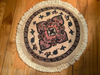 Hand Knotted Fringed Rug with Blue Bird & Floral Motifs