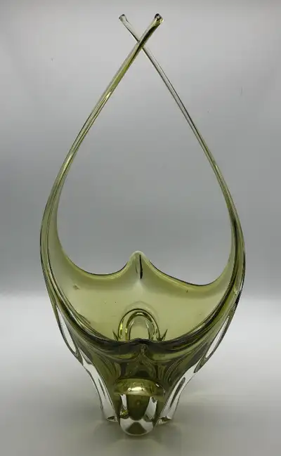 Wow! Hand Blown 16 inch Tall Vintage Mid Century Canadian Art Glass Olive Green Stretched Crossed Ar...