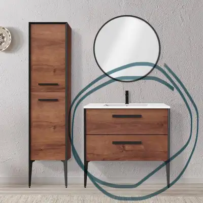 Upgrade your bathroom with this brand new 32-inch vanity featuring a modern wood-grain finish and sl...