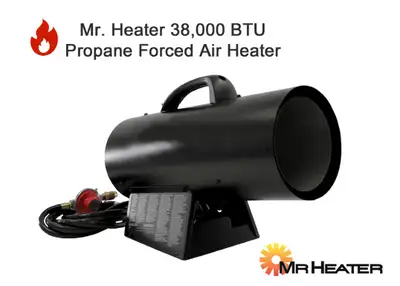 Mr. Heater MH38QFA Propane Forced Air Heater for Sale. Measures approximately 18” long by 12” tall,...