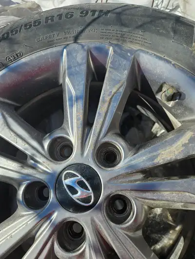 Used Kumho summer tires. 205/55 R16 5 Bolt. Mounted on rims, which include the Tire Pressure Monitor...