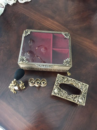 Set of  4 Vintage  brass  - bronze vanity set. Box 7”x9”x3”