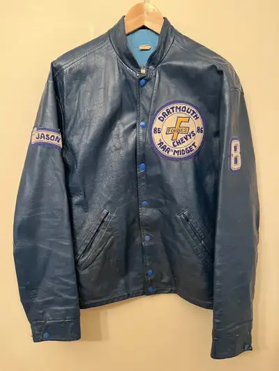 Vintage 1980s Men's Blue Leather Jacket Snap Dartmouth Chevys Lg, View more