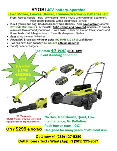 BATTERY LAWNMOWER, LEAVES BLOWER & TRIMMER - SAVE $100'S, View more